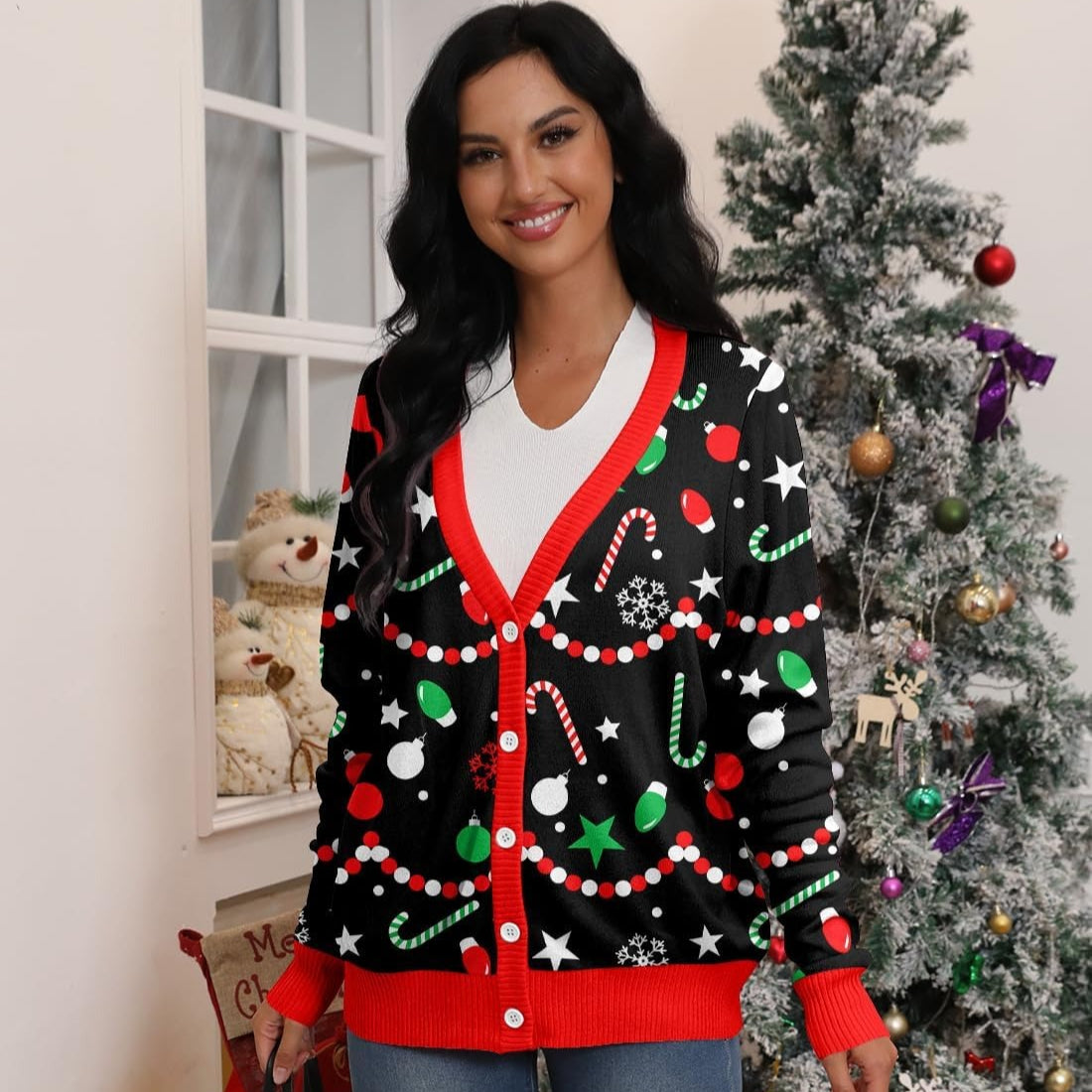 Snowflake Knit Sweater, Knit Sweater with Candy Canes, Ornaments & Stars Ugly Sweater, Holiday Ugly Sweater