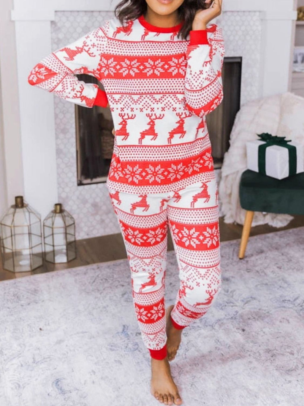 Ugly Christmas Pajamas, Red Reindeer Snowflake Holiday PJs Set, Funny Xmas Sleepwear, Cozy Matching Winter Outfit