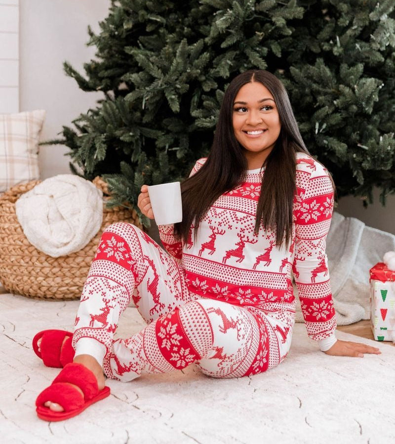 Ugly Christmas Pajamas, Red Reindeer Snowflake Holiday PJs Set, Funny Xmas Sleepwear, Cozy Matching Winter Outfit