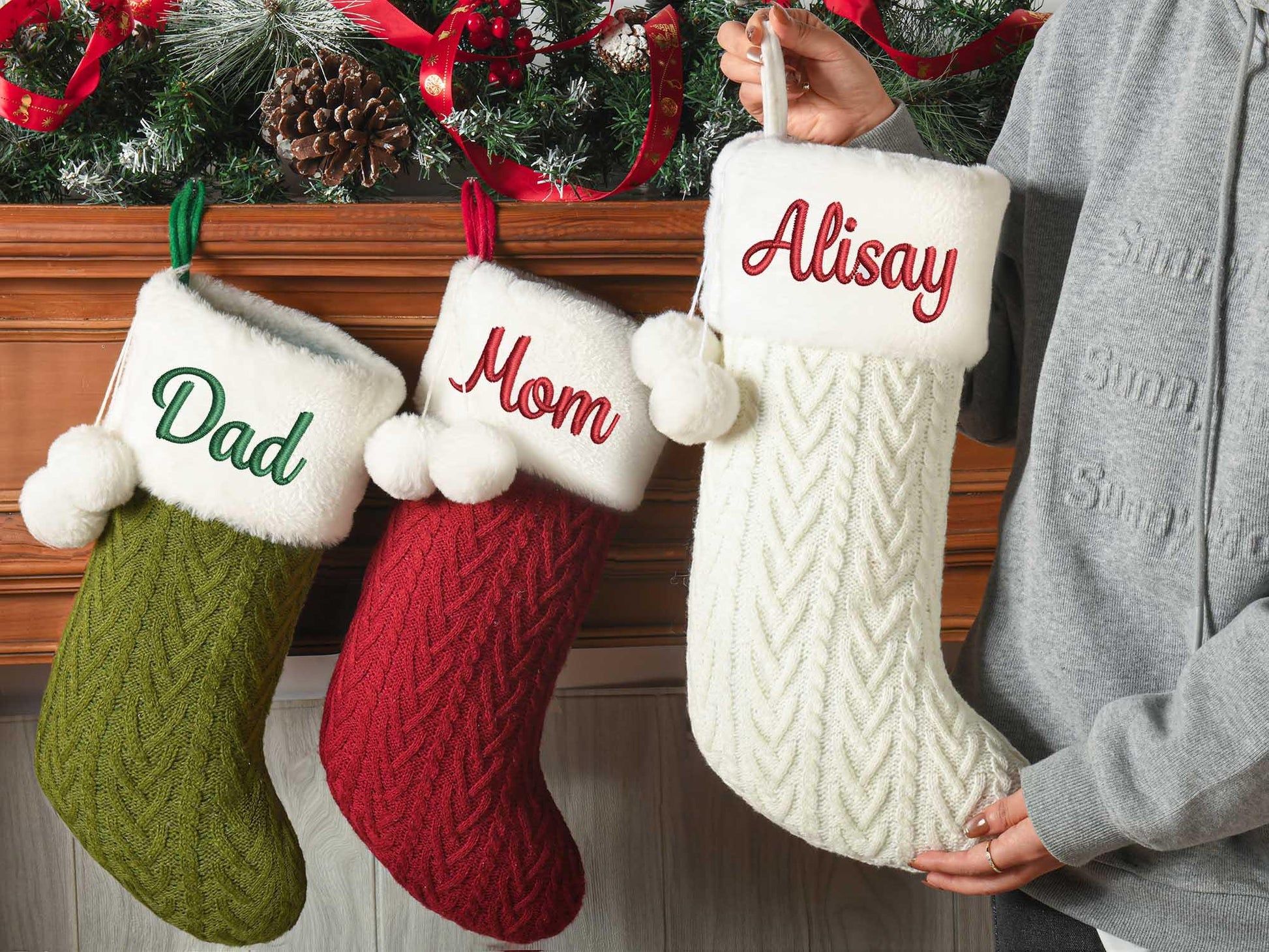 2025 Embroidered Christmas Stocking, Custom Christmas Stockings with Pom om, Holiday Gift, Xmas Stocking with Name, Christmas Decoration
