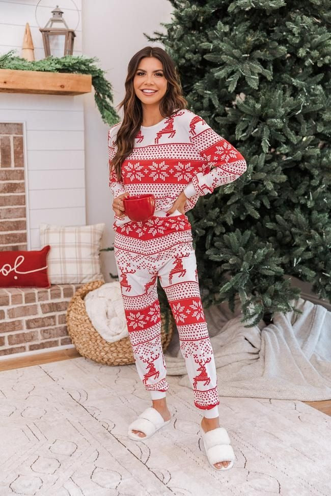 Ugly Christmas Pajamas, Red Reindeer Snowflake Holiday PJs Set, Funny Xmas Sleepwear, Cozy Matching Winter Outfit